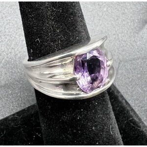 Vintage 925 Sterling Silver Purple Amethyst Modernist Band Ring Size 5.5